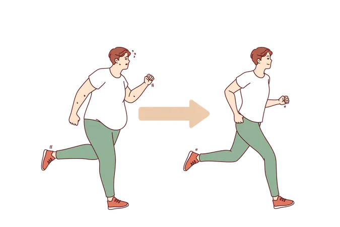 Transformación de un hombre gordo en una persona delgada gracias al jogging matutino y a las actividades deportivas.  Ilustración