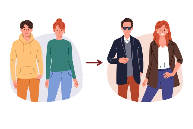 Transformation Of Image Man And Woman Who Changed Clothes To Change Look And Style Transformation Of Image Young Couple Who Changed Into Business Casual Garment From New Wardrobe Illustration