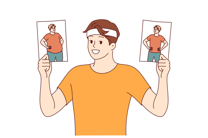 Transformation of man lost weight proud of good results and getting rid of belly fat  Illustration