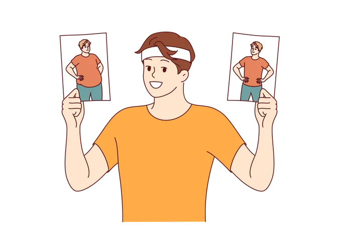 Transformation of man lost weight proud of good results and getting rid of belly fat  Illustration