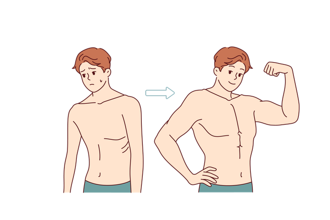 Transformation of weak man into strong one through hard training and proper nutrition  Illustration