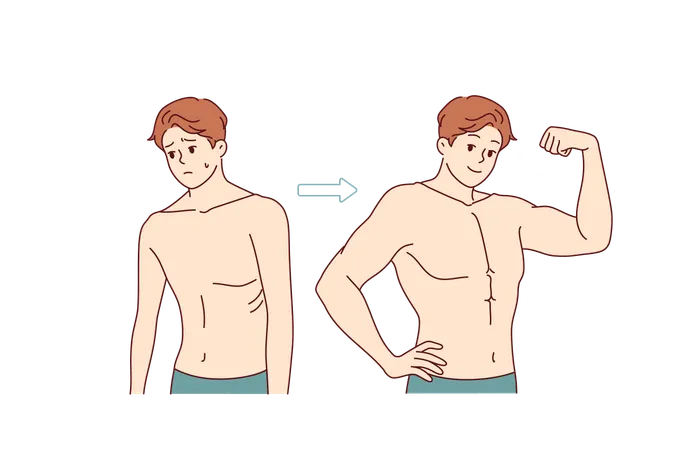 Transformation of weak man into strong one through hard training and proper nutrition  Illustration