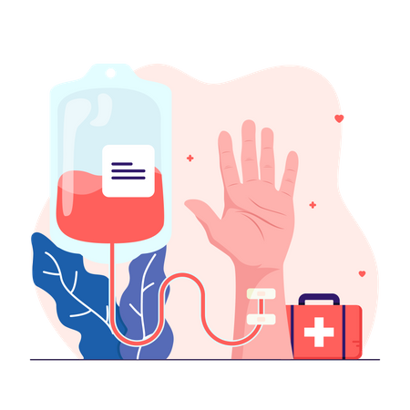 Transfusão de sangue de bolsa de sangue transferida para braço humano  Ilustração