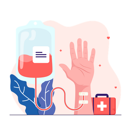 Transfusión de sangre de una bolsa de sangre que se transfiere al brazo humano  Ilustración