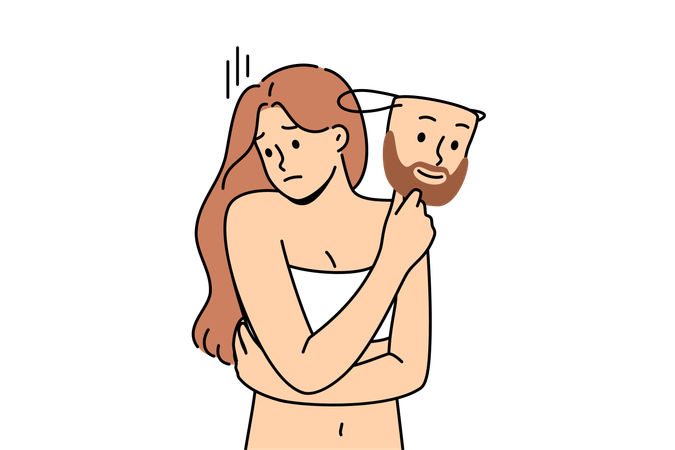 Transgender-Frau leidet unter Geschlechtsidentität und träumt davon, ein Mann zu werden und eine männliche Maske zu tragen  Illustration