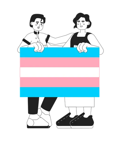 Transgender People Support Each Other Monochromatic Flat Vector Characters Editable Thin Line Full Body Lgbt People Holds Trandgender Flag On White Simple Bw Cartoon Spot Image For Web Graphic Design Illustration
