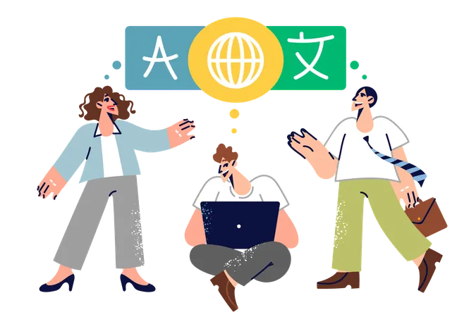 Man Translator Helps People From Different Countries Communicate Sitting With Laptop Between Managers Translator In International Corporation With Employees Speaking Various Languages Illustration