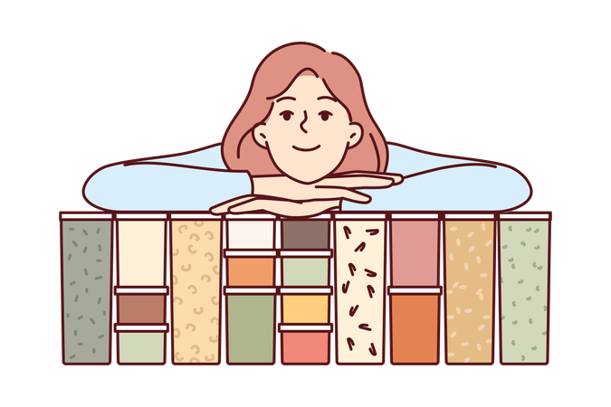 Transparent containers with grains and beans near housewife  Illustration