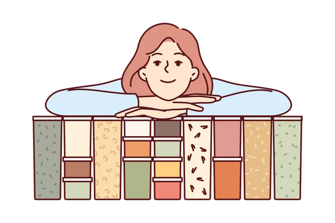 Transparent Containers With Grains And Beans Near Housewife Woman Carefully Storing Cereals For Cooking Delicious Meals Smiling Girl Looks At Screen And Uses Glass Jars To Store Cereals Illustration