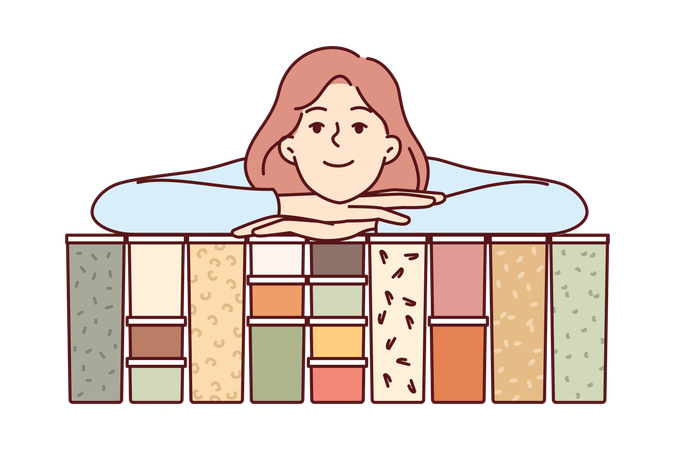 Transparent containers with grains and beans near housewife  Illustration