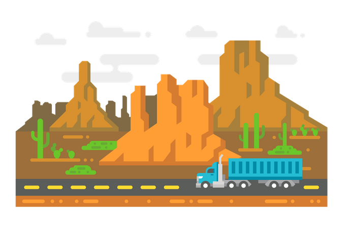 Transporte de camiones en zona desértica.  Ilustración