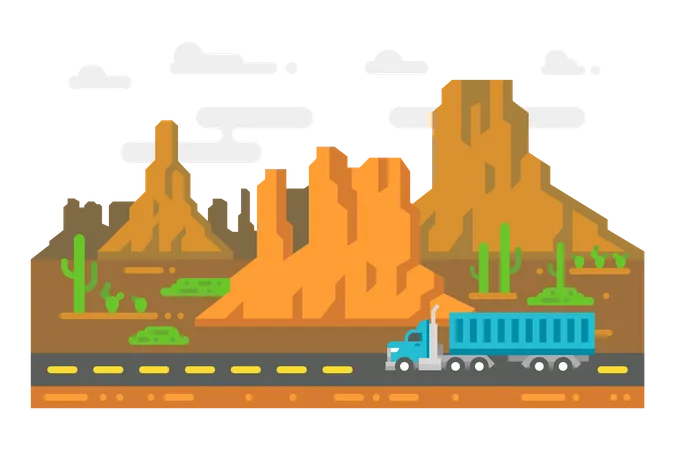 Transporte de camiones en zona desértica.  Ilustración