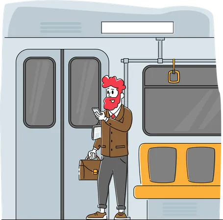 Passageiro No Metro Homem Usando Metro De Transporte Publico Urbano Personagem De Empresario Dentro Do Transporte Subterraneo Passando De Metro No Trabalho Viajante Ferroviario Ilustracao Vetorial Linear Ilustração