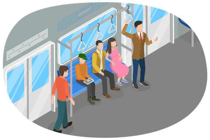 Transporte público y personas en el interior del tren.  Ilustración