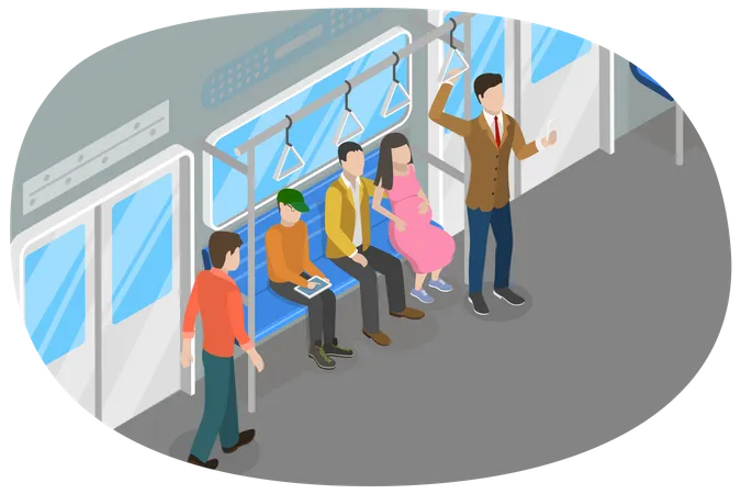 Transporte público y personas en el interior del tren.  Ilustración