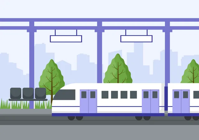 Estacion De Tren Con Paisaje De Transporte De Tren Plataforma De Salida Y Metro Interior Subterraneo En Ilustracion De Poster De Fondo Plano Ilustración
