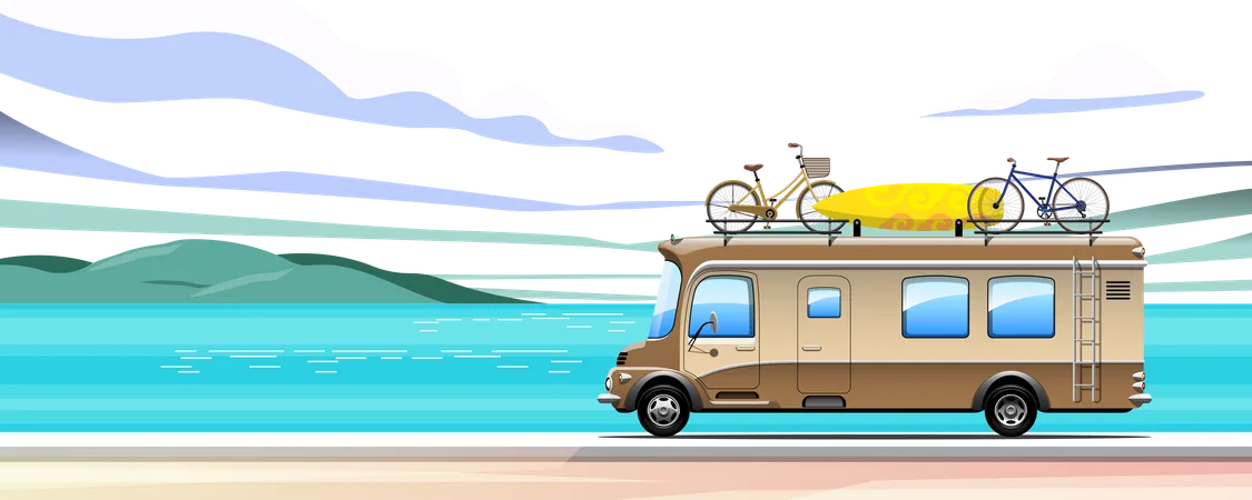 Transporter des vélos et une planche de surf sur une camionnette vintage  Illustration