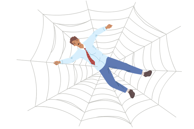 Trap for business man in form of cobweb symbolizes network of fraudsters want to steal money  Illustration