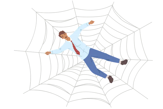 Trap for business man in form of cobweb symbolizes network of fraudsters want to steal money  Illustration