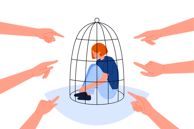 Trap of violence and critics punishment fingers pointing at sad girl inside cage  Illustration