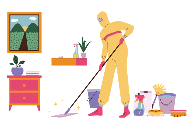 Trapear el piso para desinfectar la casa  Ilustración