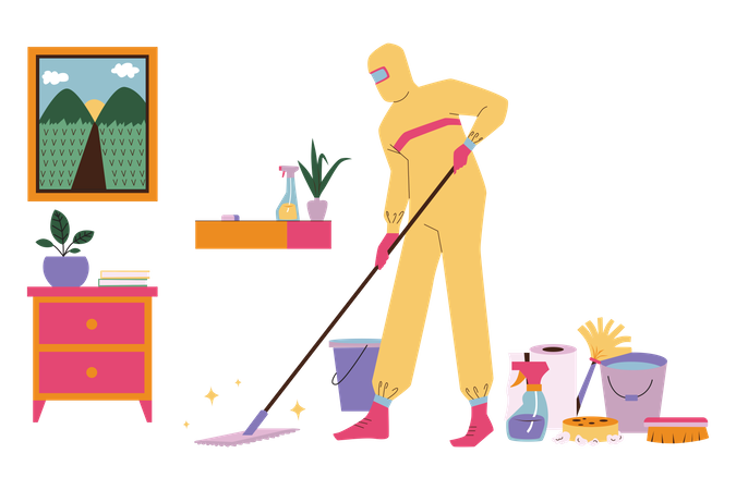 Trapear el piso para desinfectar la casa  Ilustración