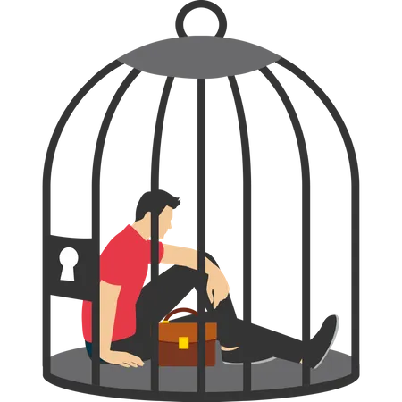 Stuck Or Trapped Anxiety Or Depression Solitude And Loneliness Fixed Mindset Or Mental Health Problem Fear Of Escaping Concept Depressed Woman Locking Herself Sitting In A Birdcage 일러스트레이션