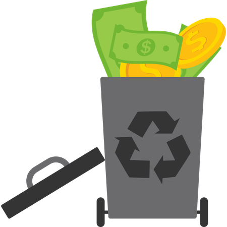 Trash can of with discarded money.  Illustration