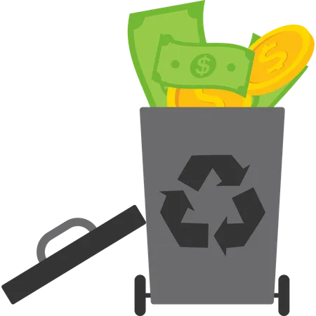 Trash can of with discarded money.  Illustration