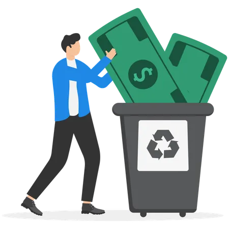 Trash can of with discarded money  Illustration