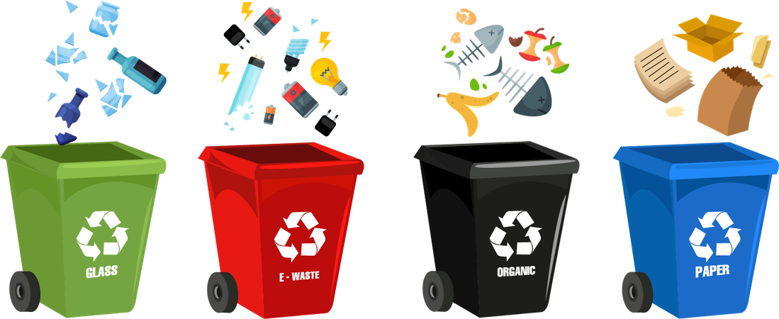 Trash can with wheels  Throw away garbage in correct bin  Illustration