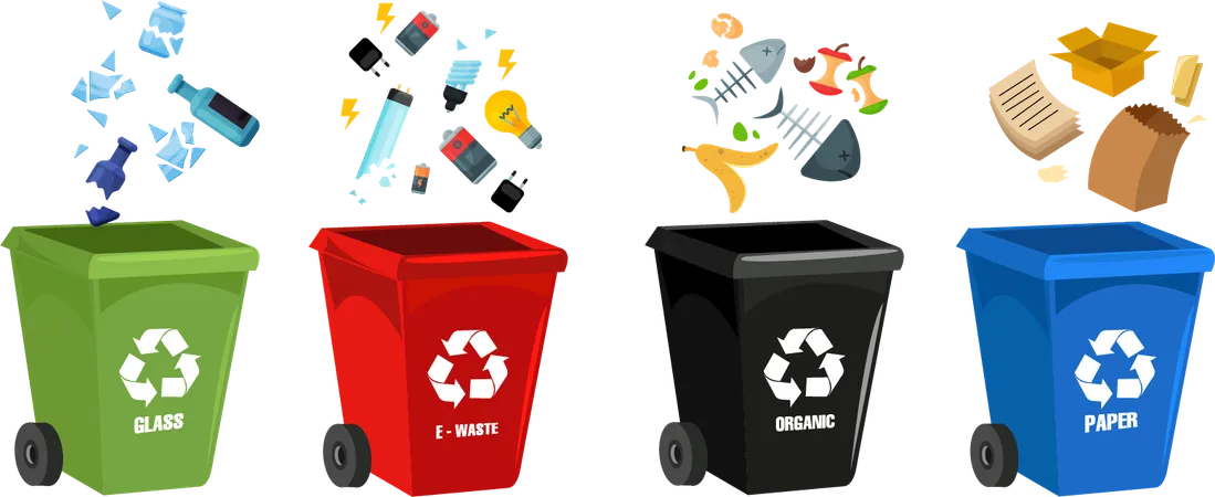 Trash can with wheels  Throw away garbage in correct bin  Illustration