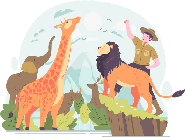 Guardião de zoológico masculino com animais comemora o dia mundial dos animais  Ilustração