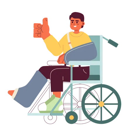 Trauma Recovery Positive Attitude Cartoon Flat Illustration Cheerful Wheelchair Man Thumb Up Showing 2 D Character Isolated On White Background Happy Accident Rehabilitation Scene Vector Color Image イラスト