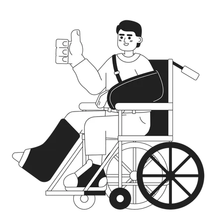 Trauma Recovery Positive Attitude Black And White Cartoon Flat Illustration Cheerful Wheelchair Man Thumb Up Linear 2 D Character Isolated Happy Accident Rehab Monochromatic Scene Vector Image Illustration