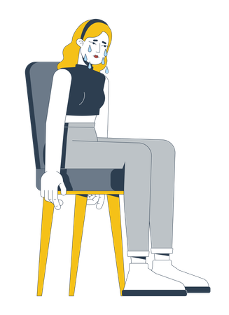 Traurige blonde Frau sitzt auf einem Stuhl und Tränen fließen herunter  Illustration