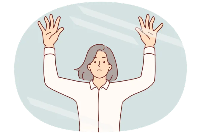 Traurige Frau hebt die Hände hinter transparentem Glas  Illustration