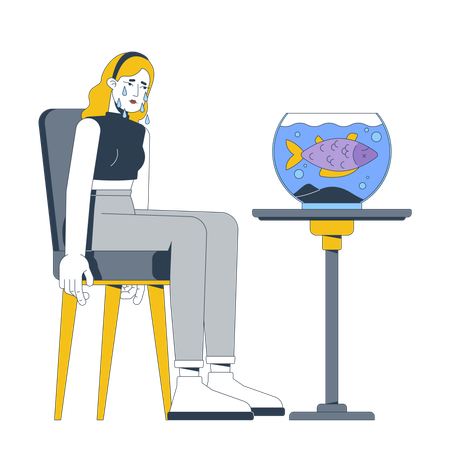 Traurige Frau weint neben Goldfischglas mit toten Fischen  Illustration