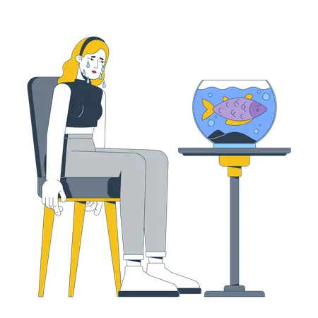 Traurige Frau weint neben Goldfischglas mit toten Fischen  Illustration
