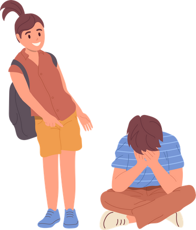 Trauriger, gestresster kleiner Schuljunge, der sich von seiner Freundin oder Klassenkameradin schikaniert fühlt  Illustration
