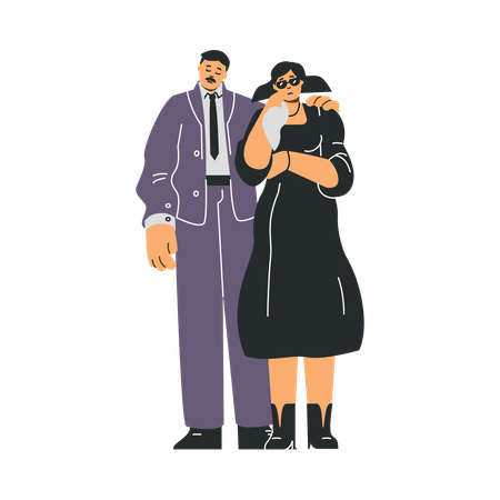 Trauriger Mann stützt weinende Frau im schwarzen Kleid  Illustration