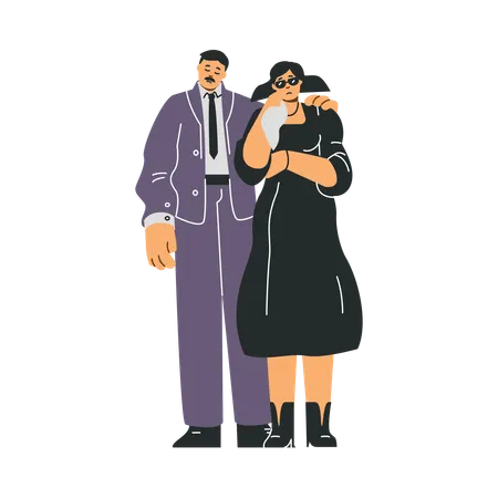 Trauriger Mann stützt weinende Frau im schwarzen Kleid  Illustration