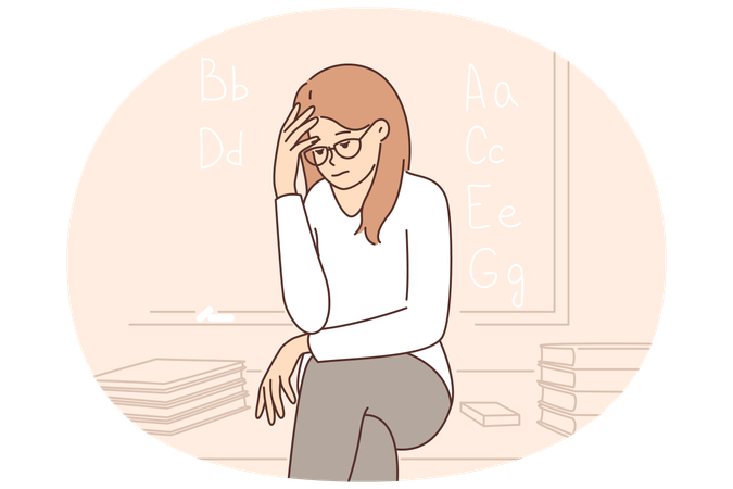 Trauriges Mädchen sitzt neben Tafel und ärgert sich über mangelnde Perspektiven nach der Ausbildung  Illustration