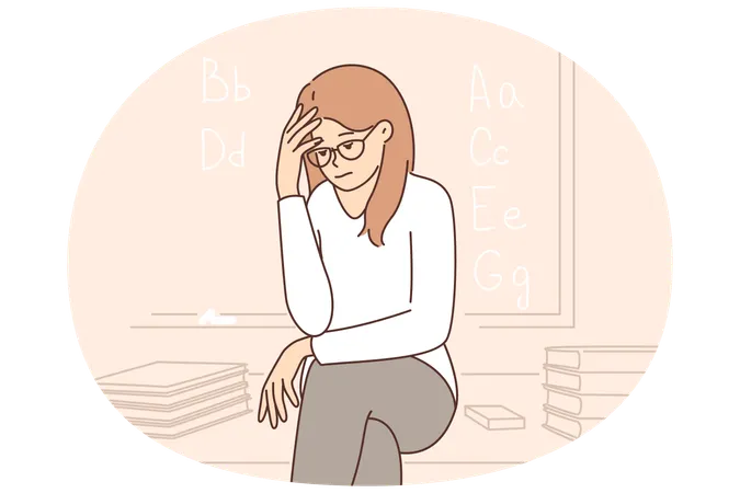 Trauriges Mädchen sitzt neben Tafel und ärgert sich über mangelnde Perspektiven nach der Ausbildung  Illustration