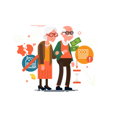 Trauriges und besorgtes älteres Ehepaar, das während der Wirtschaftsrezession und -krise Probleme mit der Rentenversicherung hat  Illustration
