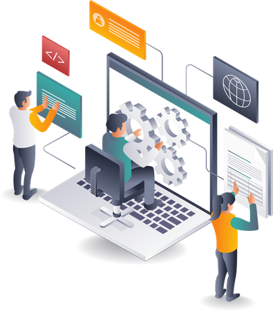 Équipe travaillant avec des systèmes informatiques  Illustration