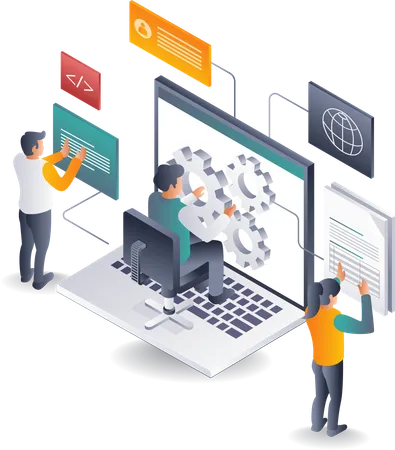 Équipe travaillant avec des systèmes informatiques  Illustration