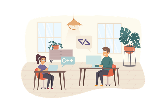 Travail d'équipe corrigeant les bogues dans le code du programme, travaillant sur un projet, brainstorming au bureau  Illustration