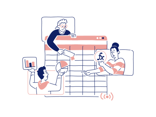 Équipe travaillant ensemble sur un document en ligne  Illustration