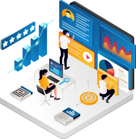 Équipe travaillant sur l'analyse des commentaires des clients  Illustration